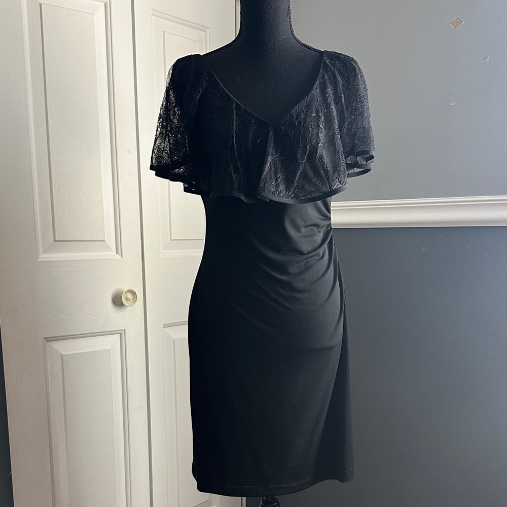 Connected Apparel Black Midi Dress with Lace Overlay